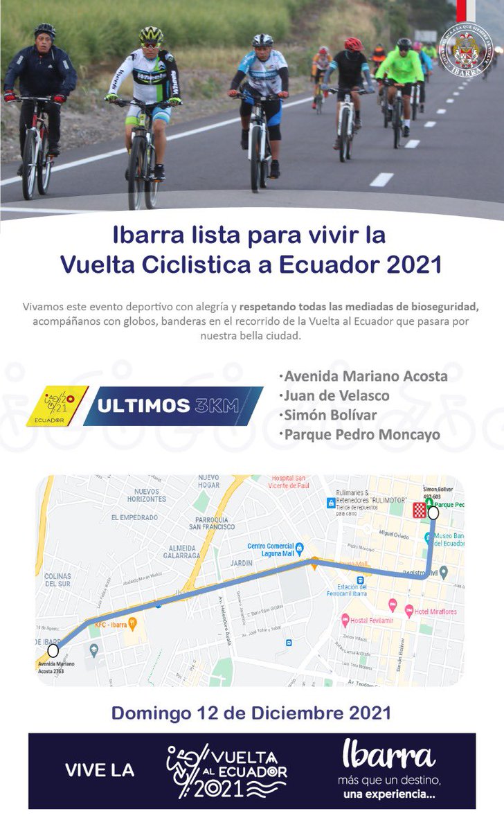 AlcaldiaIbarra's tweet image. Te indicamos la #Ruta que tendrá la #VueltaAlEcuador 2021 este Domingo 12 de Diciembre a partir de las 13h00 en nuestra ciudad de #Ibarra. Apoya a todos los deportistas. 👍🏼🇮🇩🚴‍♀️🚴🏻