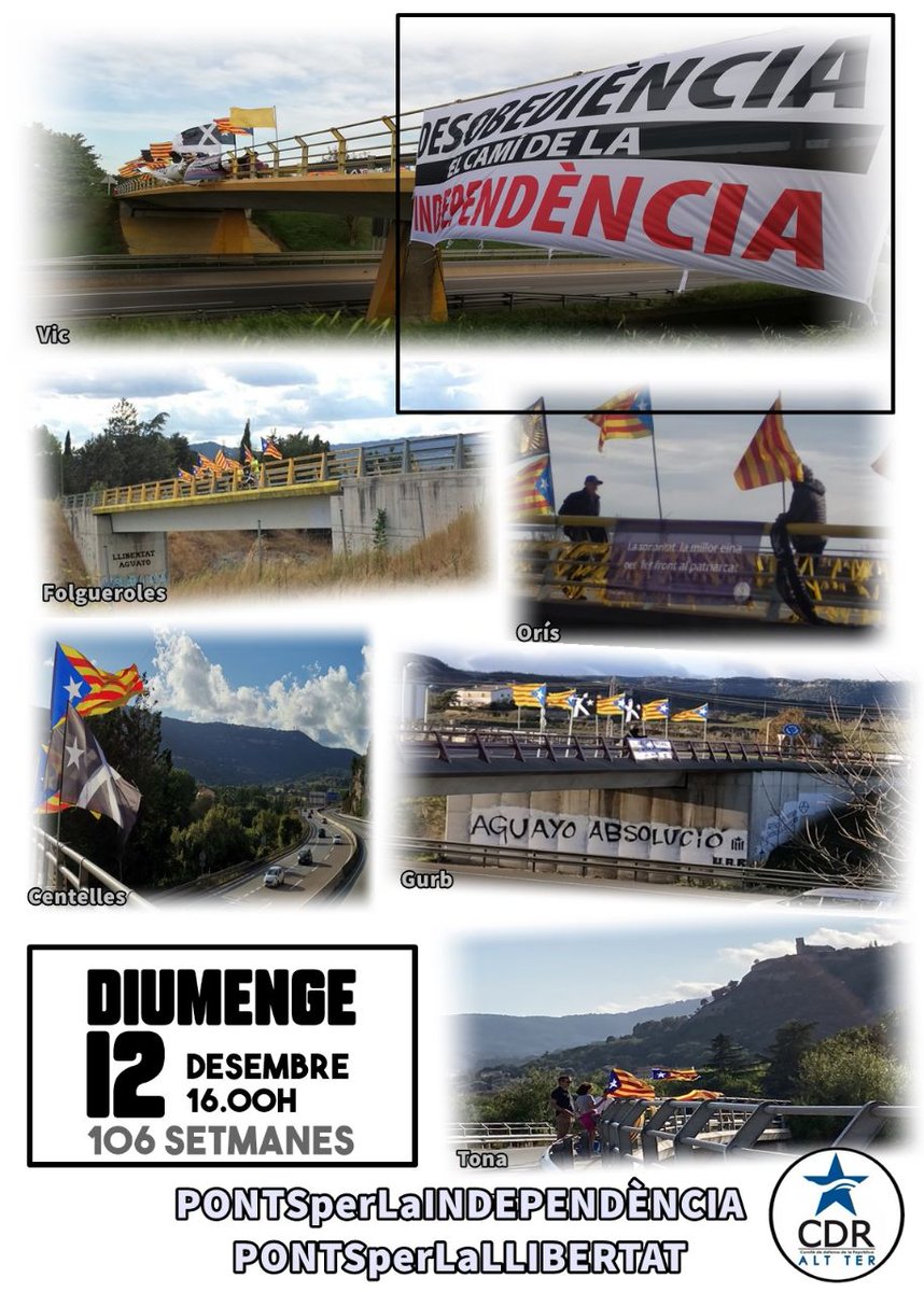#PONTSperLaINDEPENDÈNCIA
Seguim una setmana més, i ja en són 106 ✊

DIUMENGE 12/12/21 a les 16H.
#VIC Pont de Malla C-17
#CENTELLES Pont Sant Antoni C-17
#ORÍS Pont Can Branques C-17
#GURB Pont de Gurb C-25
#FOLGUEROLES Pont Sant Jordi C-25
#TONA Pont del Verinal C-17

VINE!