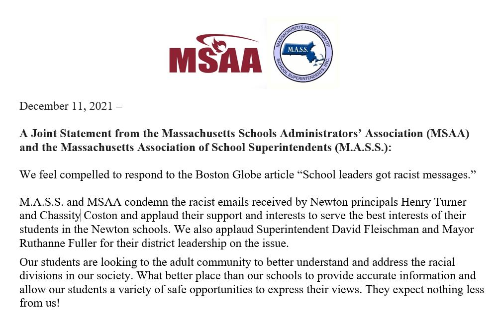 M.A.S.S. (@massupt) on Twitter photo Joint Statement from M.A.S.S. <a href="/massupt/">M.A.S.S.</a> & MSAA <a href="/MSAA_33/">MSAA</a>
"M.A.S.S. & MSAA condemn the racist emails received by Newton principals <a href="/turnerhj/">Henry Turner (he/him) 👊🏾👊🏽👊🏼</a> and <a href="/ChassityCoston/">Ms. Coston</a> & applaud their support & interests to serve the best interests of their students in the Newton schools. <a href="/newton_ps/">Newton Public Schools, MA</a>" Joint Statement from M.A.S.S. <a href="/massupt/">M.A.S.S.</a> & MSAA <a href="/MSAA_33/">MSAA</a>
"M.A.S.S. & MSAA condemn the racist emails received by Newton principals <a href="/turnerhj/">Henry Turner (he/him) 👊🏾👊🏽👊🏼</a> and <a href="/ChassityCoston/">Ms. Coston</a> & applaud their support & interests to serve the best interests of their students in the Newton schools. <a href="/newton_ps/">Newton Public Schools, MA</a>"