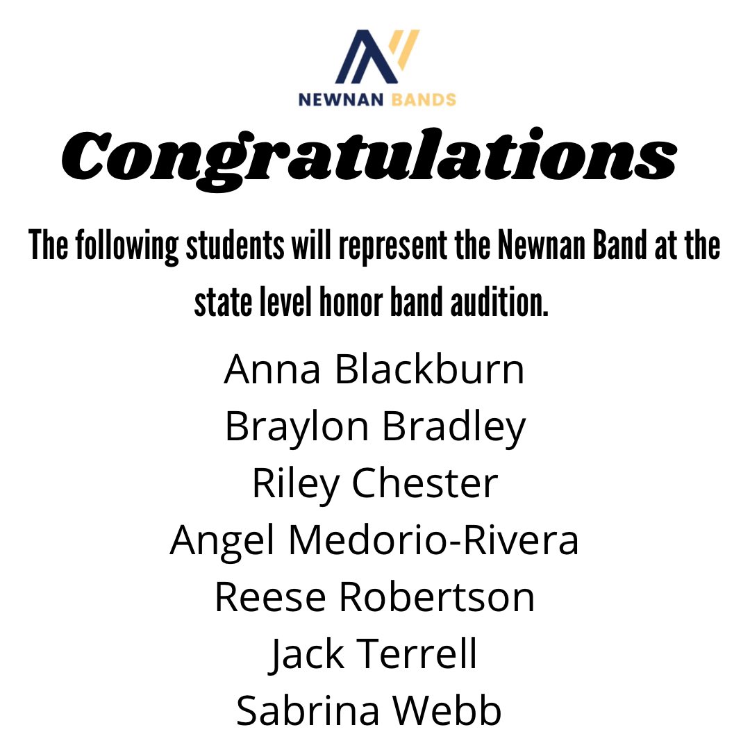 JRBDreamTeam's tweet photo. It was a great day at the first round of auditions for the all state band. After a competitive day, we have 7 Newnan Band students who have been selected to proceed to the second round of auditions (final round) early next year. Way to crush it Cougars! #NewnanStrong #ForNewnan https://t.co/0WFntzKBOX