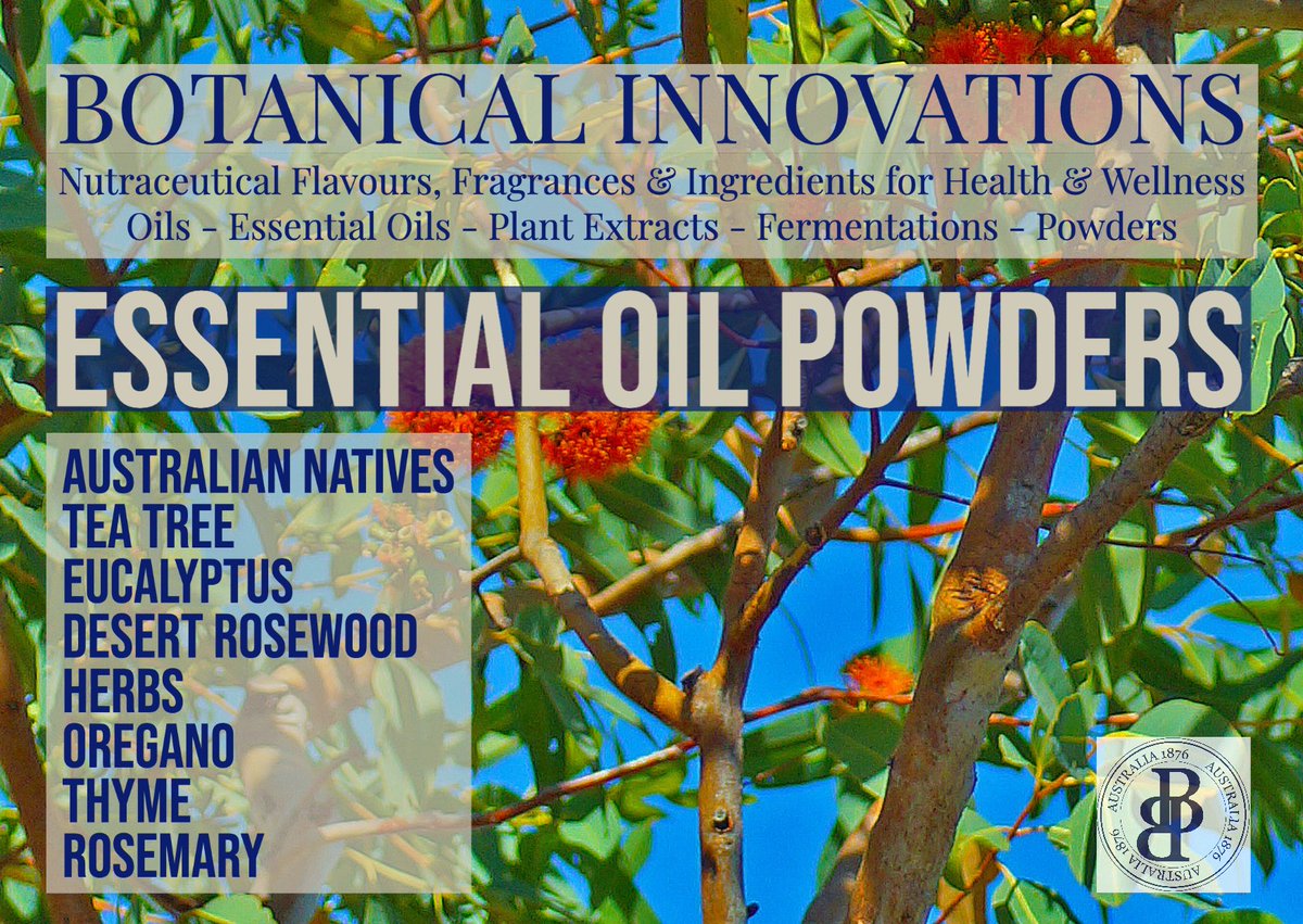GroupBotanical's tweet photo. Essential Oil Powders. Australian Native Eucalyptus, Tea Tree Powder. Nutraceutical Flavours, Fragrances, Ingredients for Health and Wellness.  https://t.co/6VbspkvZ2Q #botanicalinnovations #flavours #fragrance #ingredients #foodtech #wellness #oils #essentialoils #botanicals https://t.co/Pd3jSZzWMe