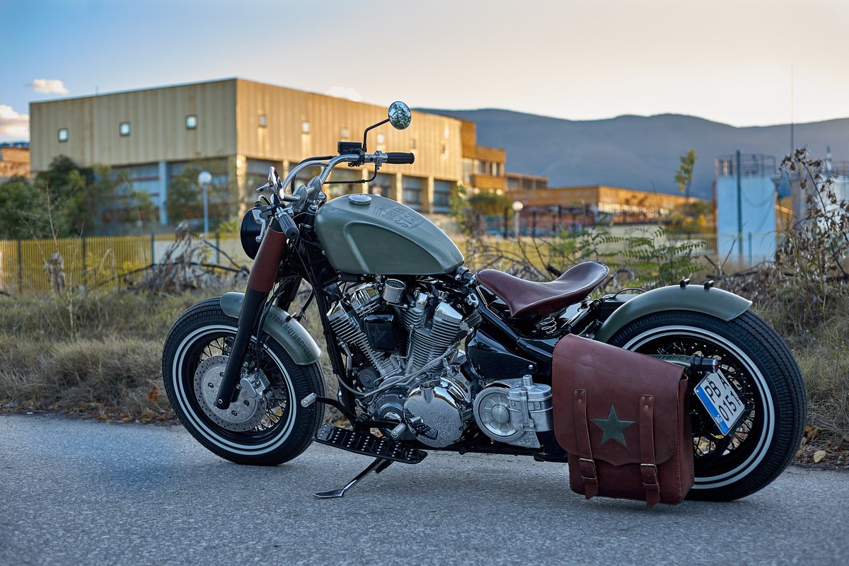 CustomNomad's tweet photo. Yamaha XV 1600 Military Edition "Green Star" 
Built by Nomad Custom Motorcycle Ltd 
First Project 2021.
Nomad works in mysterious ways, you know, so this time the way of this gorgeous stallion brought it to France.
Made  for an esteemed customer of ours.
Bon Voyage! 👍 https://t.co/96ftG7YFmV