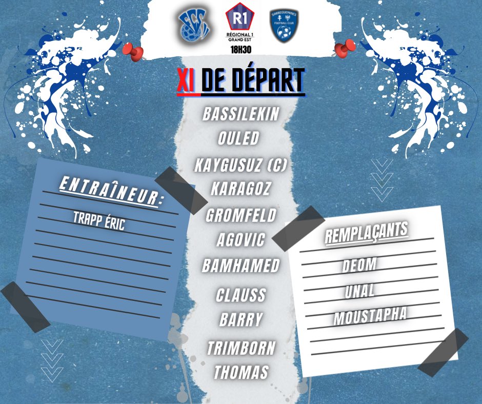 FCSarrebourg's tweet photo. XI de départ de la rencontre. ⚪️🔵 
#R1 #championnat #grandest #sarrebourg https://t.co/ttYmZVzpGV