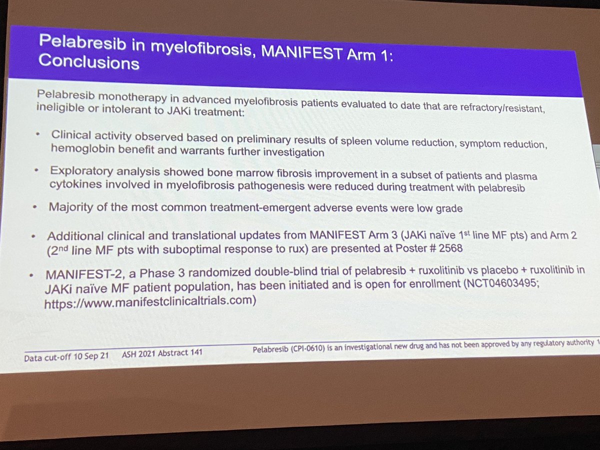 doctorpemm's tweet photo. #ASH21 #MPNSM oral session #2 Dr @MKremyanskaya presents update of #Pelabresib monotherapy in patients with MF | #BRDi #BETi #Anemia #MANIFEST @ASH_hematology https://t.co/cghErmPNIS