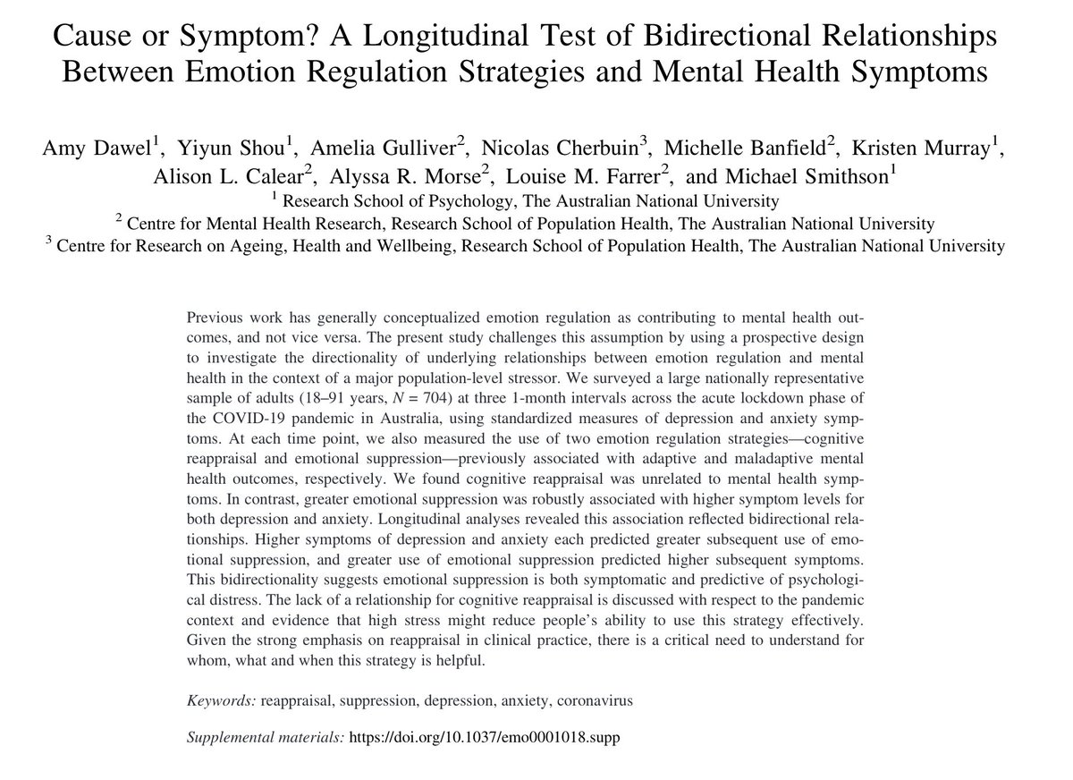 kate_ptrv's tweet photo. Is suppression a driver or a symptom of psychological distress?

This longitudinal study suggests that it could be both. The link between suppression and mental health symptoms reflects a bidirectional relationship across the 3-month period:

https://t.co/ELL78JNNWO https://t.co/SvV377vIrz