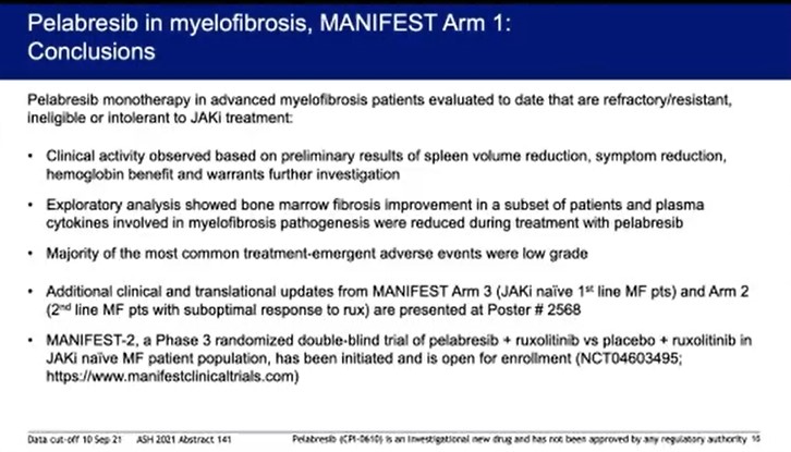 Congress| #ASH21| <a href="/MKremyanskaya/">Marina Kremyanskaya, MD, PhD</a>, <a href="/IcahnMountSinai/">Icahn School of Medicine at Mount Sinai</a>, discusses results from the ongoing phase II MANIFEST trial, investigating pelabresib monotherapy in patients with advanced MF, highlighting that 18% and 28% of patients achieved a SVR35 and TSS50 at 24 wks, respectively.  #MPNsm