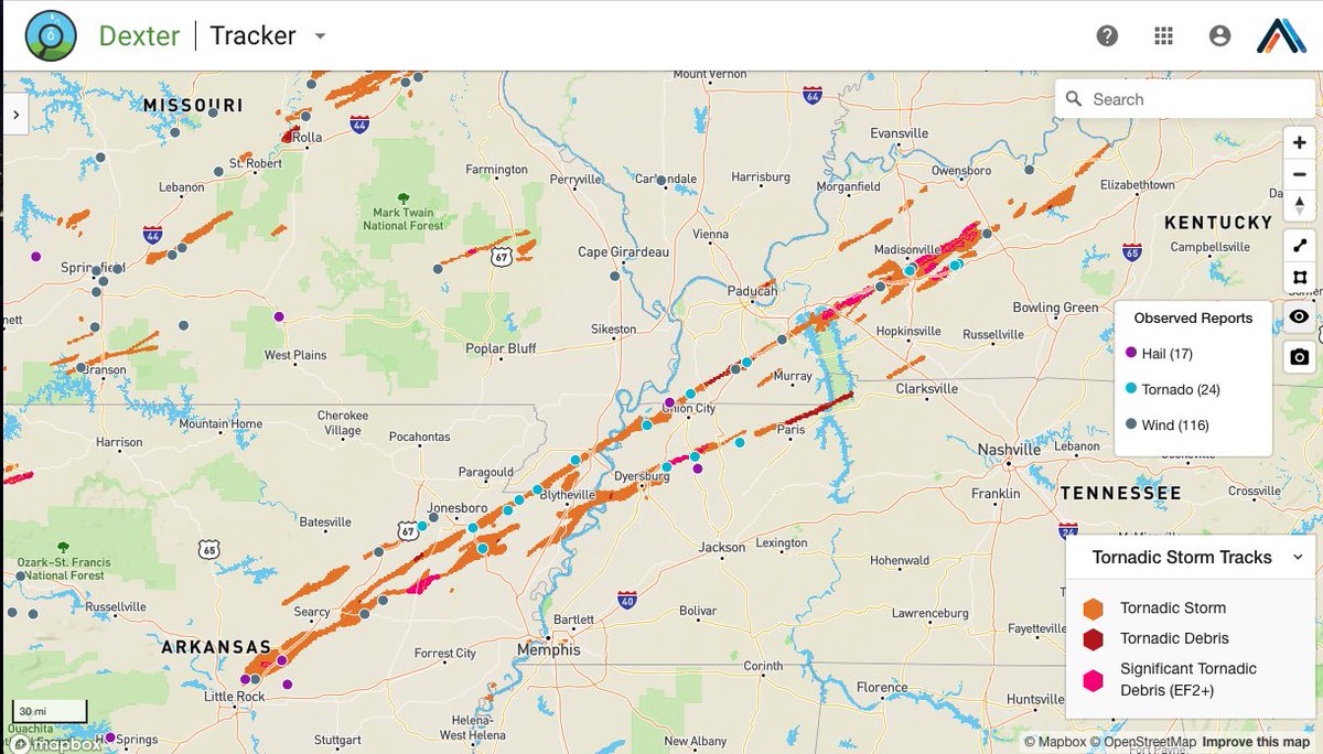 Our Dexter Tornadic Storm product shows a continuous swath from Jonesboro, AR into Madisonville, KY, tracking the mesocyclone for 350 mi. It is probable there are multiple related tornadoes along this track. #tornadoes #Kentuckytornado #wxtwitter