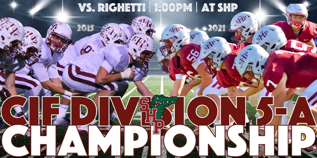 SHPAthletics's tweet photo. 🚨 STATE CHAMPIONSHIP TODAY‼️🚨

🏆 @CIFState 5A Championship
🆚 @RighettiFB
📍 SHP
⏰ 1PM
🎟 https://t.co/sRE9renaQo
📹 https://t.co/87WNvr7Eob https://t.co/a11sc7siX6
