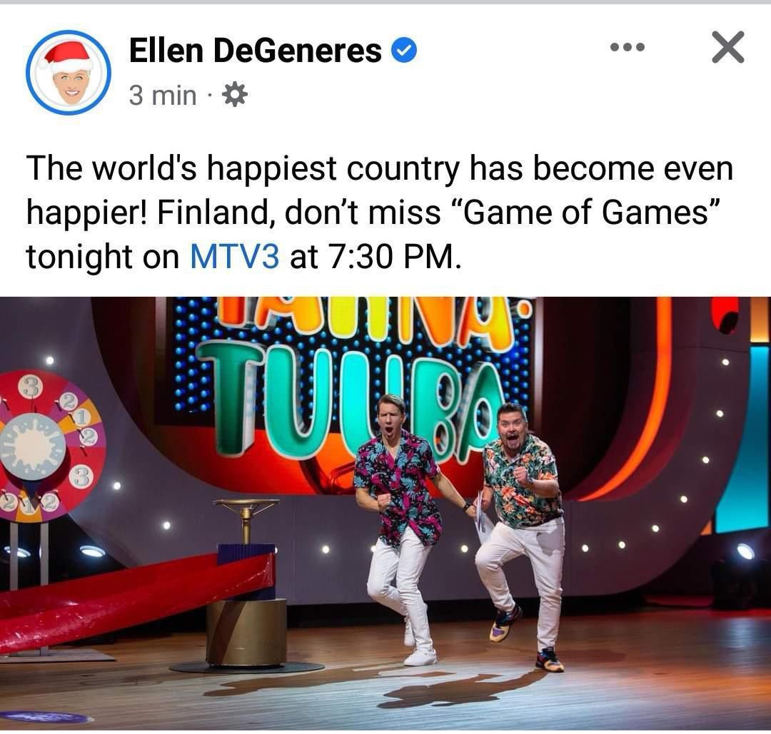 Thank you for the love <a href="/TheEllenShow/">The Ellen Show</a> and a merry xmas 🎄🎅🧑‍🎄🥳🙌❤️

Love the show over here too! 

#Gameofgamessuomi la 19.30 MTV3:lla. Katso jakso jo nyt @mtv_fi :sta! 🔴 #theellenshow