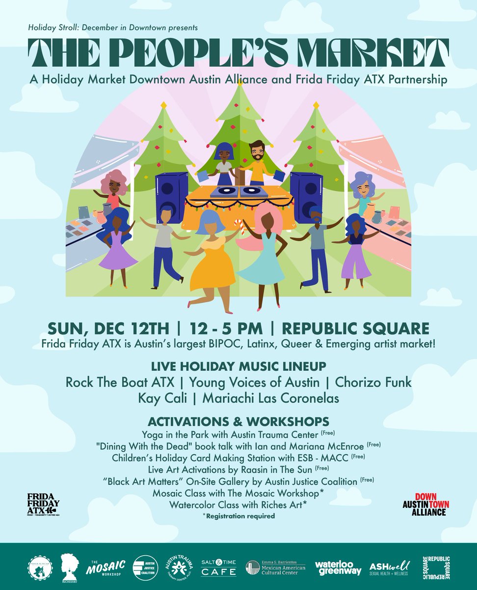 atxtrauma's tweet photo. 🌲🌲 TOMORROW IS THE BIG DAY!😃

Join @fridafridayatx &amp; @downtownaustin for The People’s Market on 12/12 from 12-5pm at @republicsqatx as presented by Holiday Stroll! FREE ENTRANCE!

#atxtraumatherapyctr #austintraumatherapycenter #attc #austin#mentalhealth #wellness https://t.co/qVYPVPgjmz