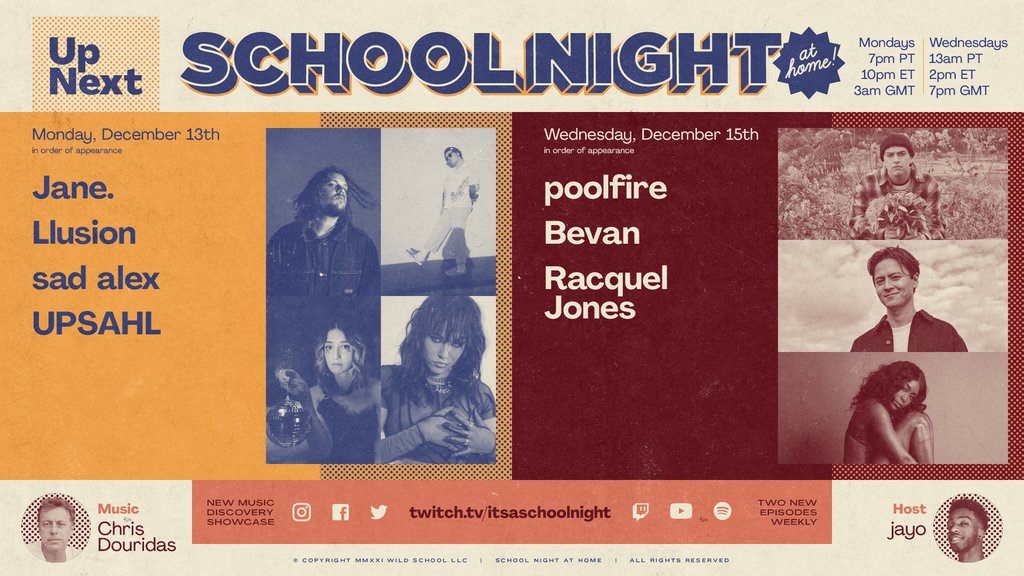 NEXT WEEK ON SCHOOL NIGHT:

12/13 • LIVE &amp; streaming from <a href="/Bardot_Hllywd/">Bardot</a> 
<a href="/janenoise/">Jane.</a>
@llusionmusic
<a href="/imsadalex/">sadalex.eth</a>
<a href="/upsahlmusic/">♡</a>

RSVP: link.dice.fm/i4897f6fb6e8
Doors 7pm. Music 7:30pm.

12/15 • 11am PT | 2pm ET
<a href="/thisispoolfire/">poolfire</a>
<a href="/bevanmusiq/">Bevan</a>
Racquel Jones

📺: Twitch.tv/itsaschoolnight