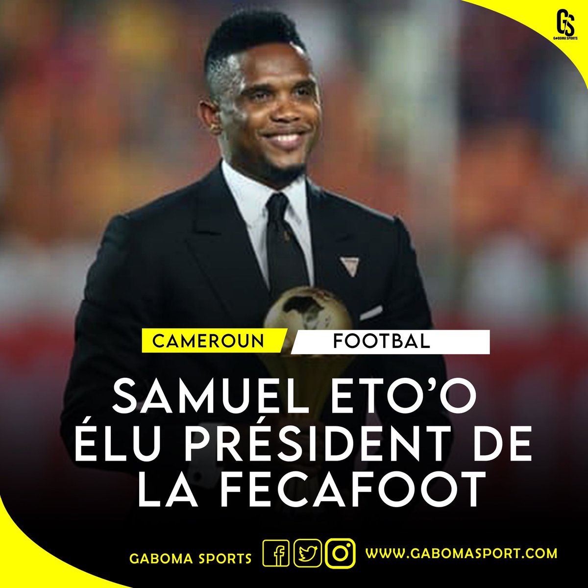 GabomaSport's tweet photo. [Cameroun/Football ] 

L’ancien capitaine des lions indomptables du Cameroun et ancien joueur du @FCBarcelona Samuel Eto’o vient cet après-midi d’être porté a la tête de la @FecafootOfficie 
Il a devancé le president sortant de la Fécafoot Seidou Mbombo Njoya par 43 voix à 31 https://t.co/1rwM7XZFoR