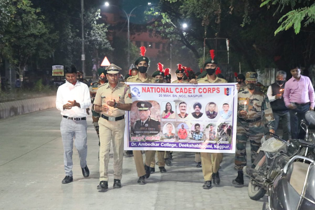 LtSujit's tweet photo. Paid homage with candle march to CDS Gen Bipin Rawat, his wife and other army officers who died in helicopter crash by 20 Mah Bn National Cadet Corps of Dr.Ambedkar College, Deeksha Bhoomi,Nagpur. https://t.co/RUC3kRBHbr