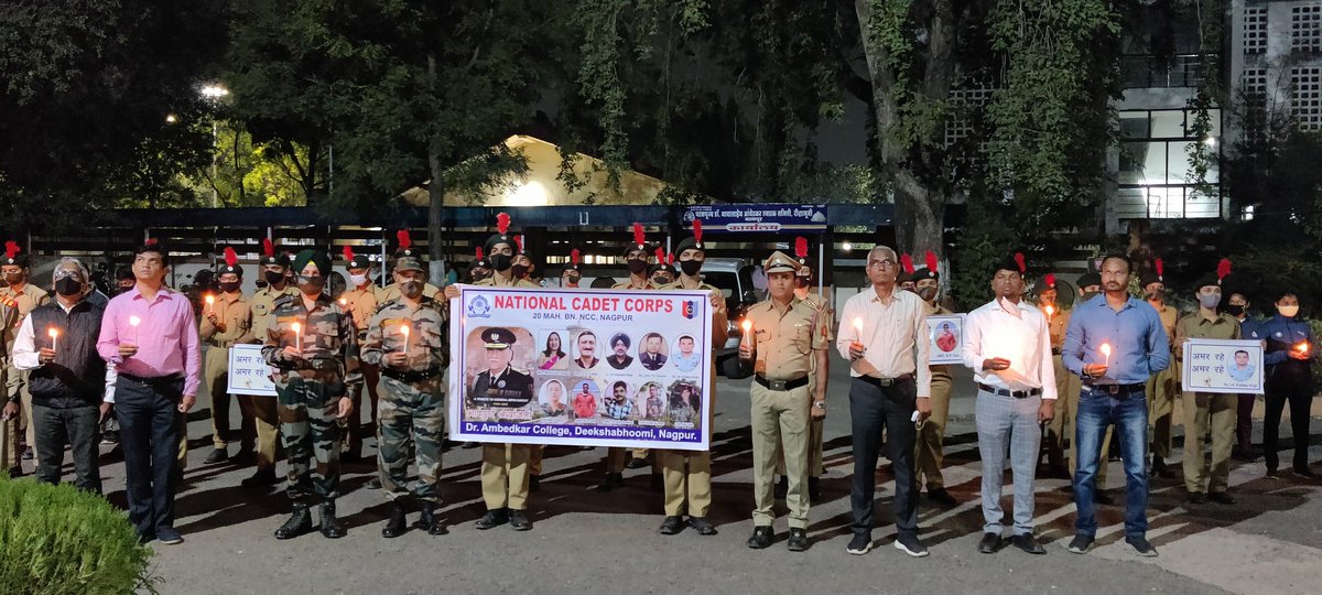 LtSujit's tweet photo. Paid homage with candle march to CDS Gen Bipin Rawat, his wife and other army officers who died in helicopter crash by 20 Mah Bn National Cadet Corps of Dr.Ambedkar College, Deeksha Bhoomi,Nagpur. https://t.co/RUC3kRBHbr