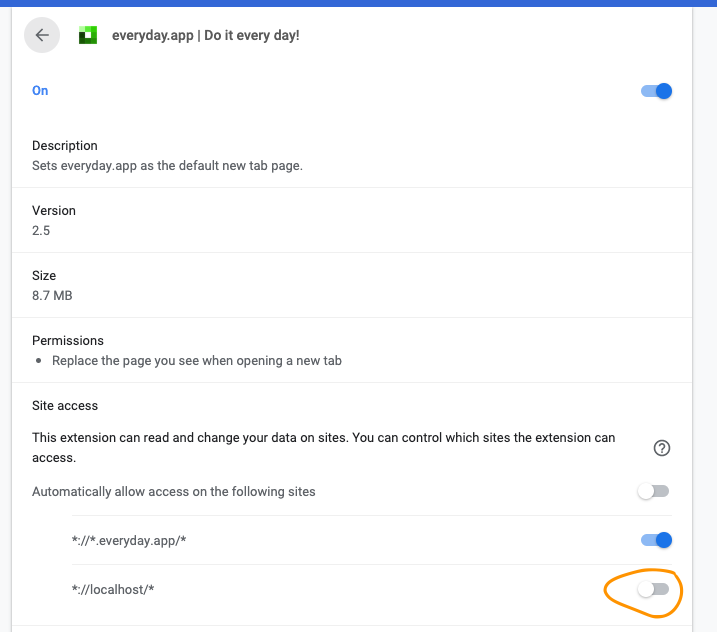 ScottKloustin's tweet photo. @mezood Hi - liking the simplicity and usefulness of of Everyday App. But re: the Chrome Extension, why does it need permission to read and change data on localhost? Will it still work if that is disabled? https://t.co/Y9oWuXZ9S9