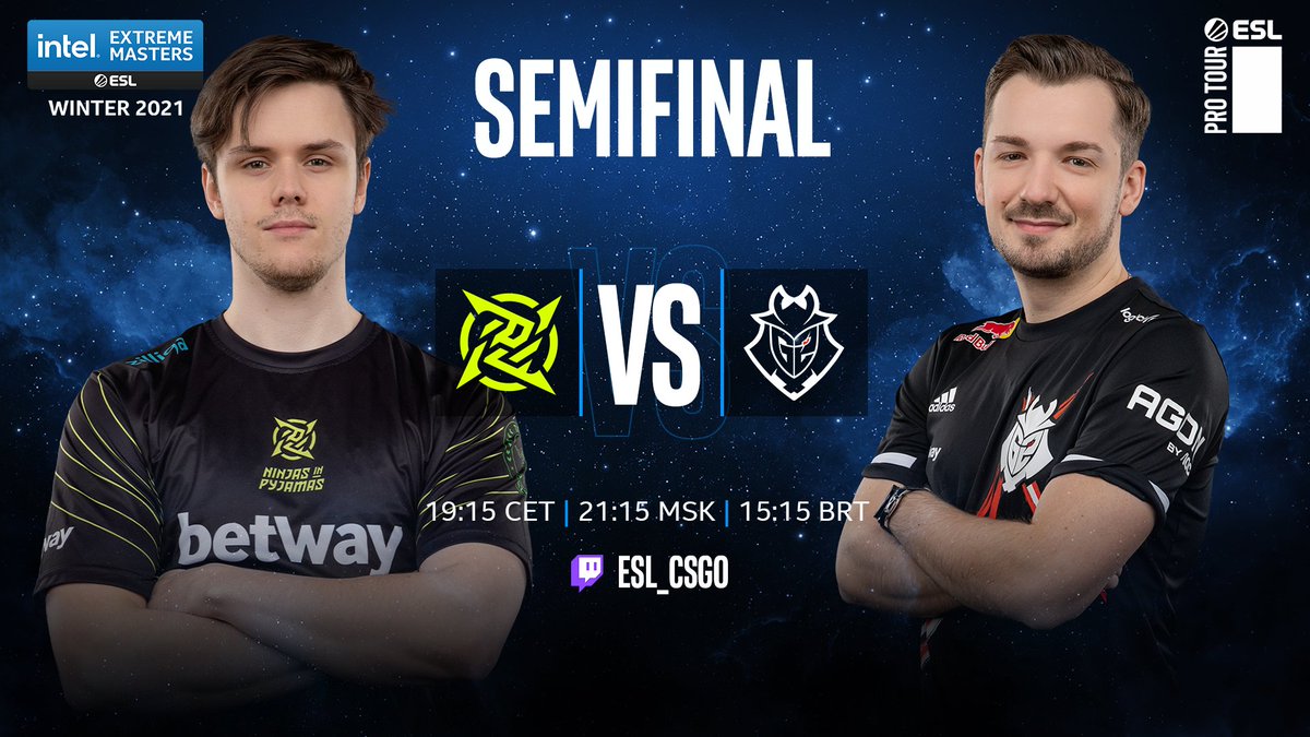 Which team will go on to the face <a href="/TeamVitality/">Team Vitality 🐝</a> in the Grand Finals?

<a href="/G2esports/">G2 Esports</a> are up against <a href="/NIPCS/">NIP CS</a>, who are without <a href="/dev1ce/">Nicolai Reedtz</a> today 👀

They are now LIVE on Nuke ☢

Map 2 | Dust 2
Map 3 | Inferno

#IEM
📺: twitch.tv/esl_csgo