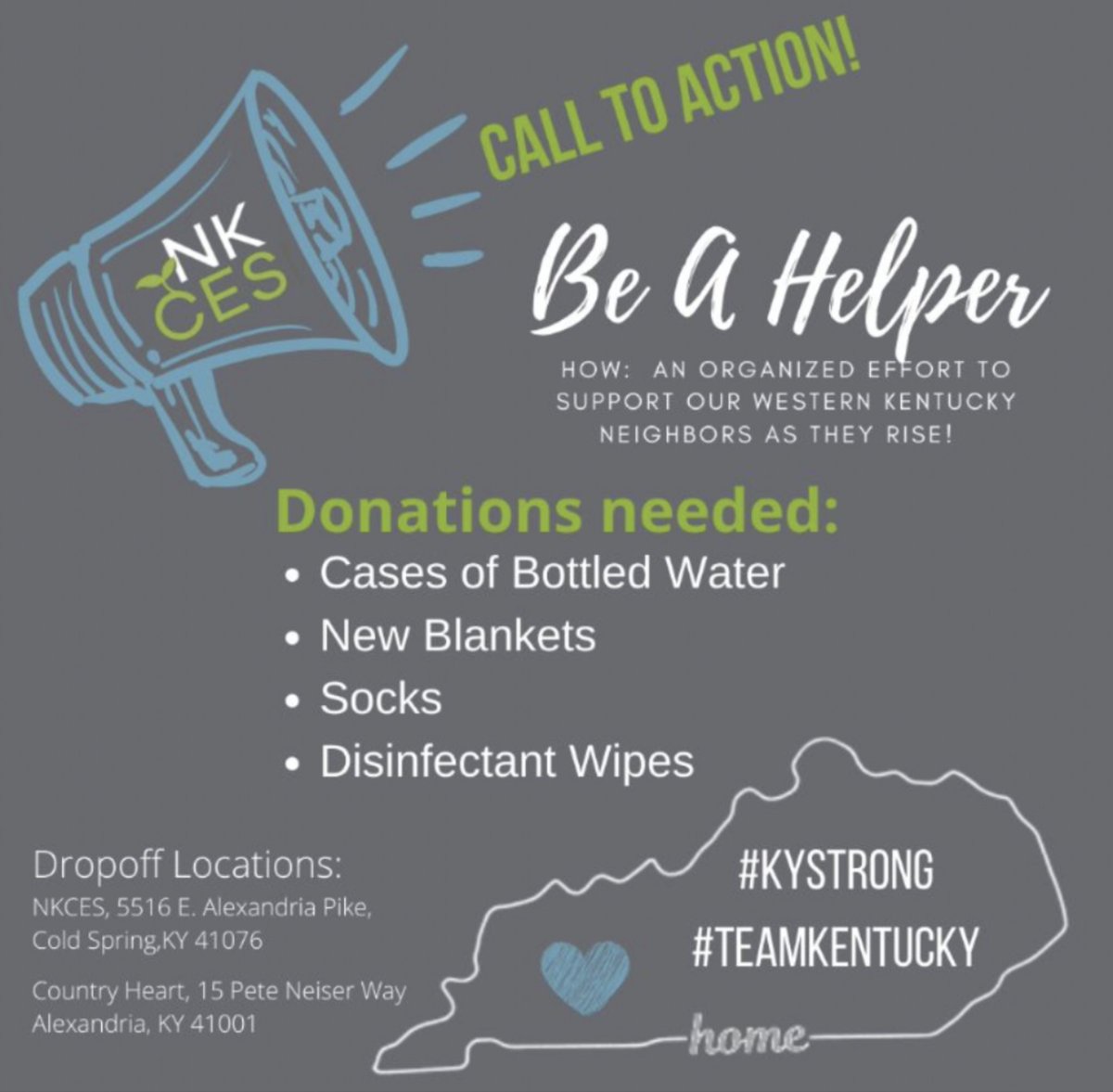 We are all feeling called to #BeAHelper to our fellow Kentuckians during this time.
So we've organized one donation delivery to go out on Monday and another the following Monday. See drop off locations in the graphic below. #ConnectGrowServe💚
#TeamKentucky 💙
