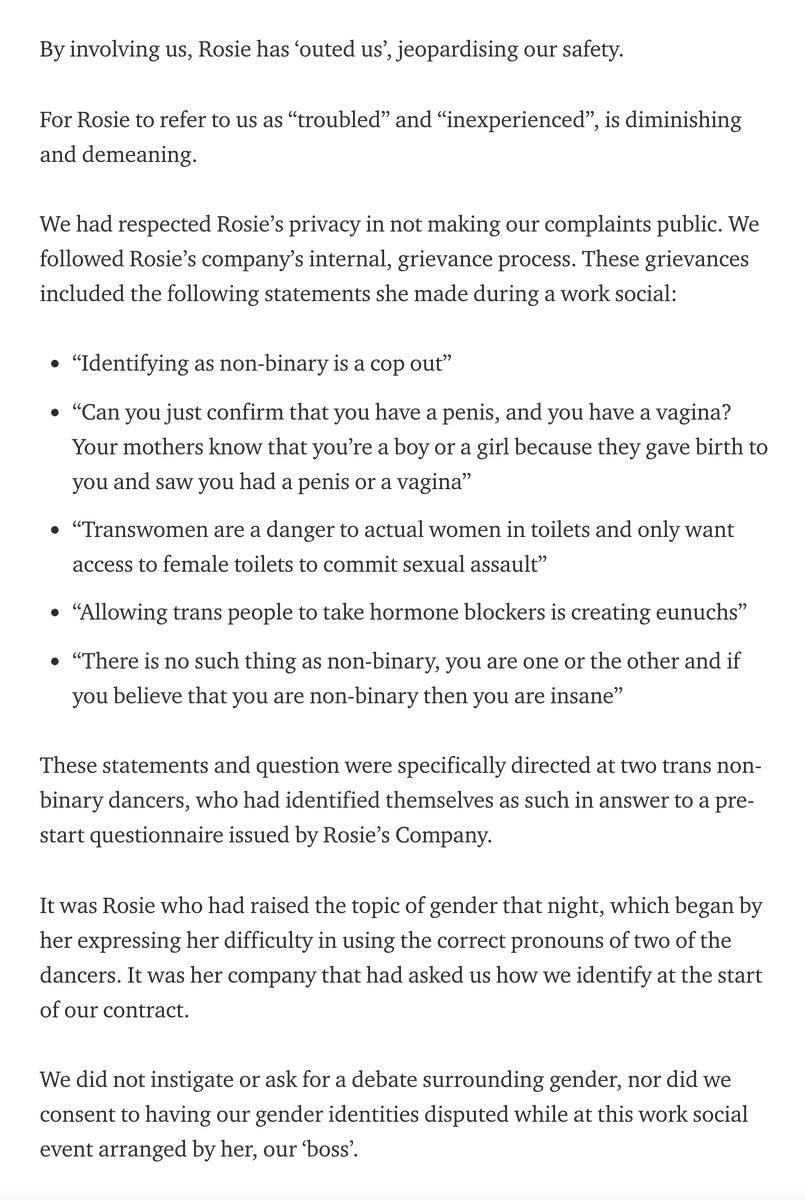 cw: transphobia 

Full respect and solidarity with the dancers of the Rosie Kay Dance Company for their courage and eloquence in the face of the abhorrent transphobic abuse they have faced from Kay, detailed in their open letter here: medium.com/@Co-Choreograp…