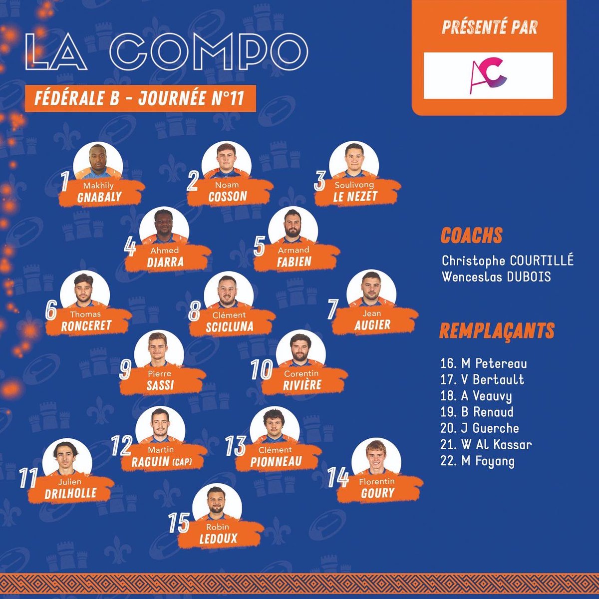 USTours_rugby's tweet photo. La compo pour demain face à Le Rheu, dernier match 2021 !
#ustours #ustoursrugby #orangeetbleu https://t.co/SS7t9GF4RH