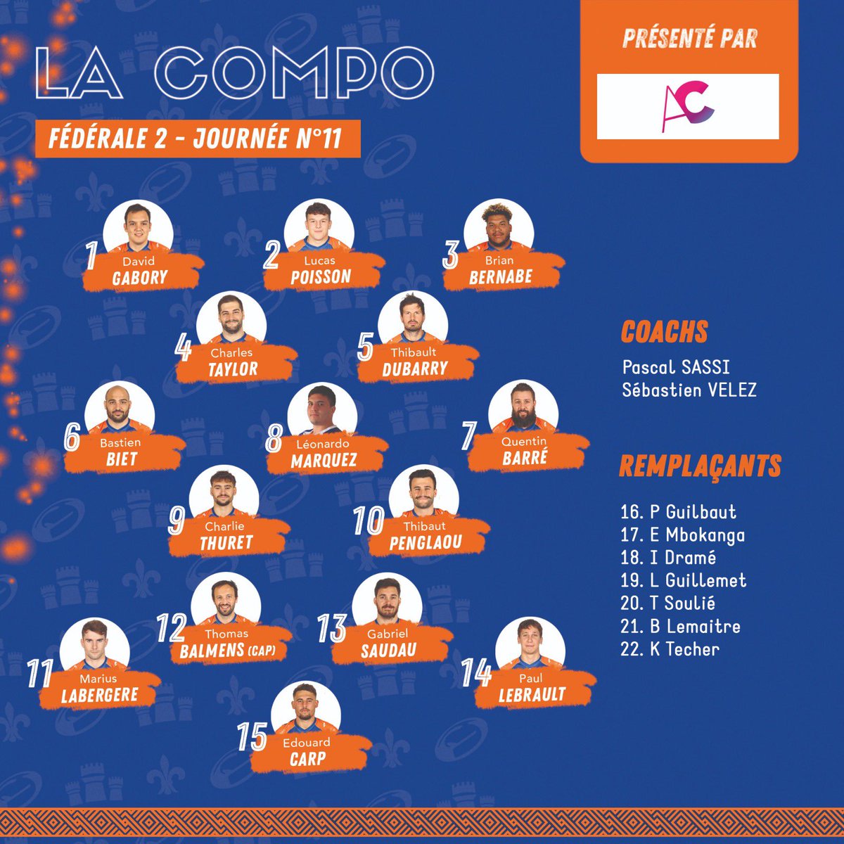 USTours_rugby's tweet photo. La compo pour demain face à Le Rheu, dernier match 2021 !
#ustours #ustoursrugby #orangeetbleu https://t.co/SS7t9GF4RH