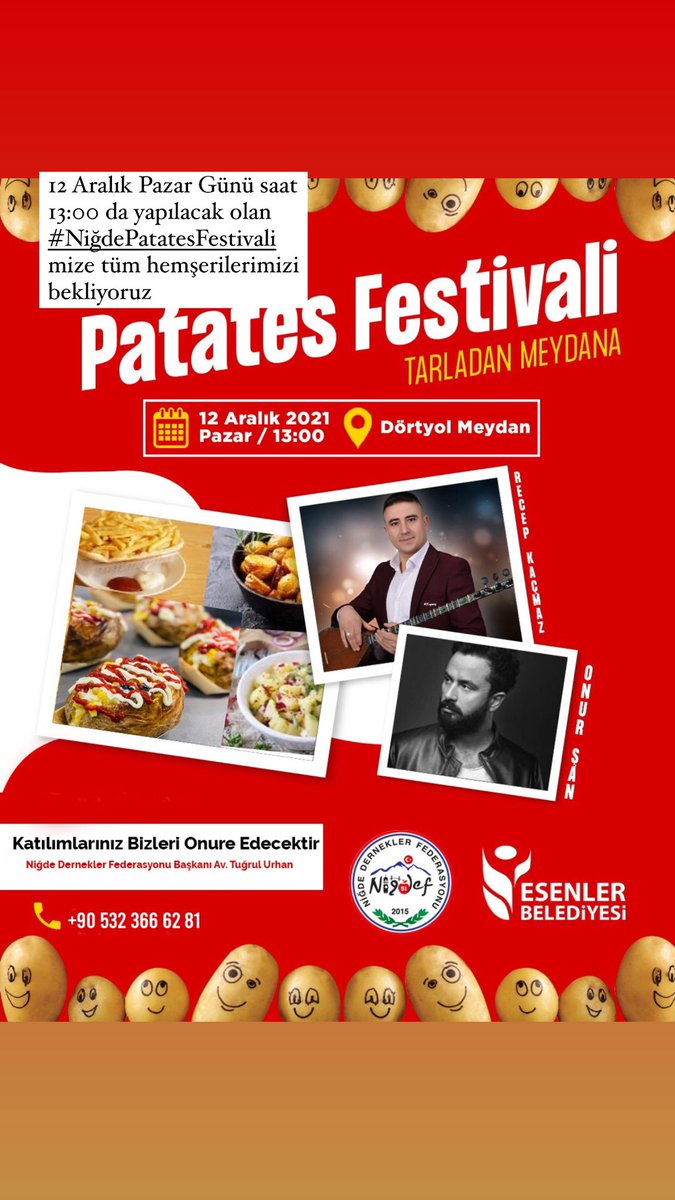 Dmr51Soner's tweet photo. 12 Aralık Pazar Günü saat 13:00 da yapılacak olan #NiğdePatatesFestivali mize tüm hemşerilerimizi bekliyoruz https://t.co/3qDDkyTXgf