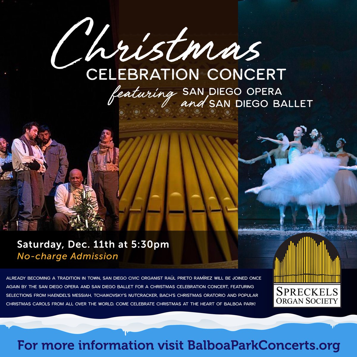 Tonight, December 11th at 5:30pm, San Diego Civic Organist Raúl Prieto Ramírez will be joined once again by the <a href="/SDOpera/">San Diego Opera</a>  and <a href="/sandiegoballet/">San Diego Ballet</a> for a Christmas Celebration Concert, featuring selections from Haendel’s Messiah, Tchaikovsky’s Nutcracker, and more! Come join us!