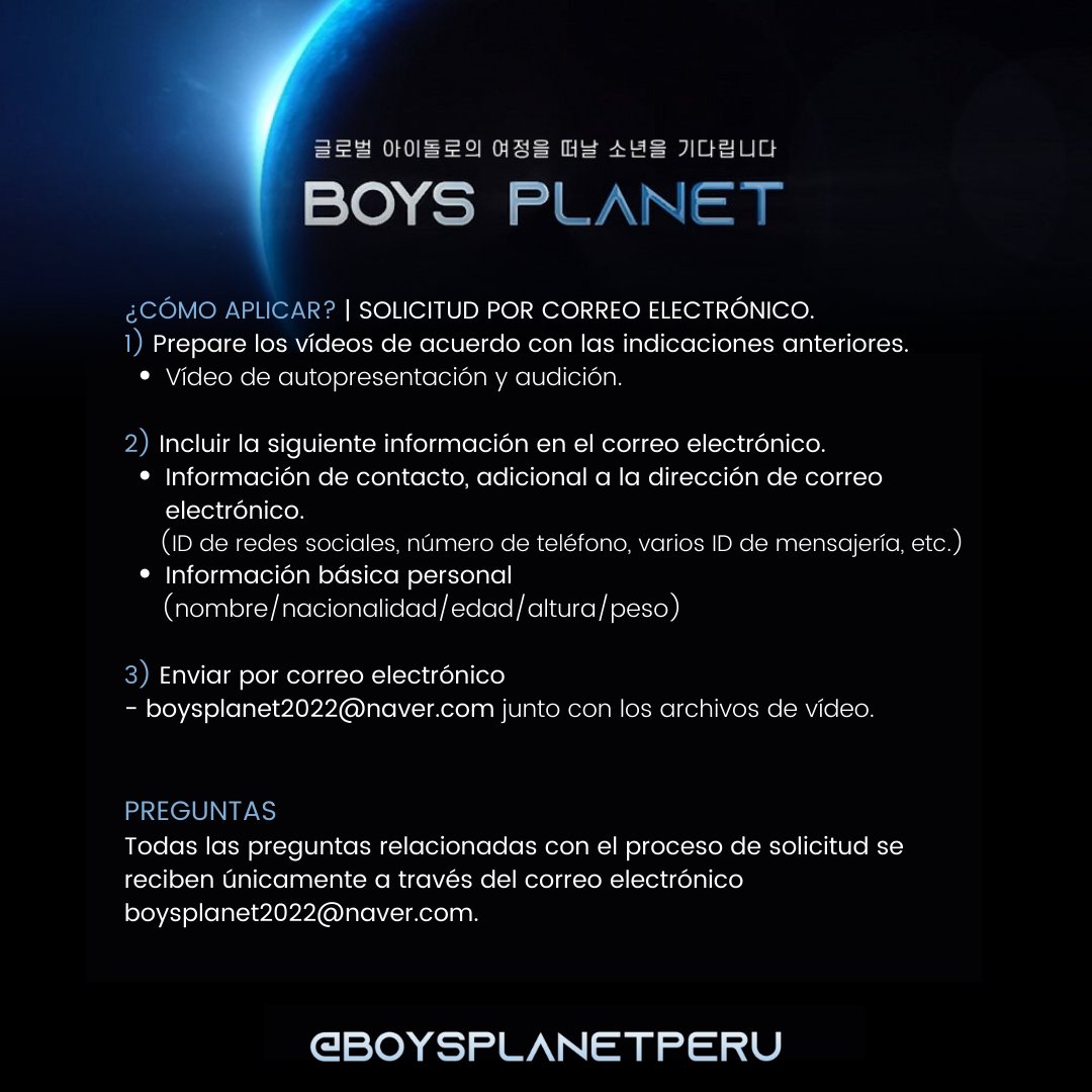 BoysPlanetPeru's tweet photo. 「TRAD」Estas son las indicaciones para participar en las audiciones de Boys Planet.

✔️ Período de solicitud:
11 de diciembre, 2021 ~ 11 de febrero a las 23:59 (KST), 2022

✔️ Preguntas:
boysplanet2022@naver.com

#보이즈플래닛 #BOYSPLANET https://t.co/4FXCSJBGxC