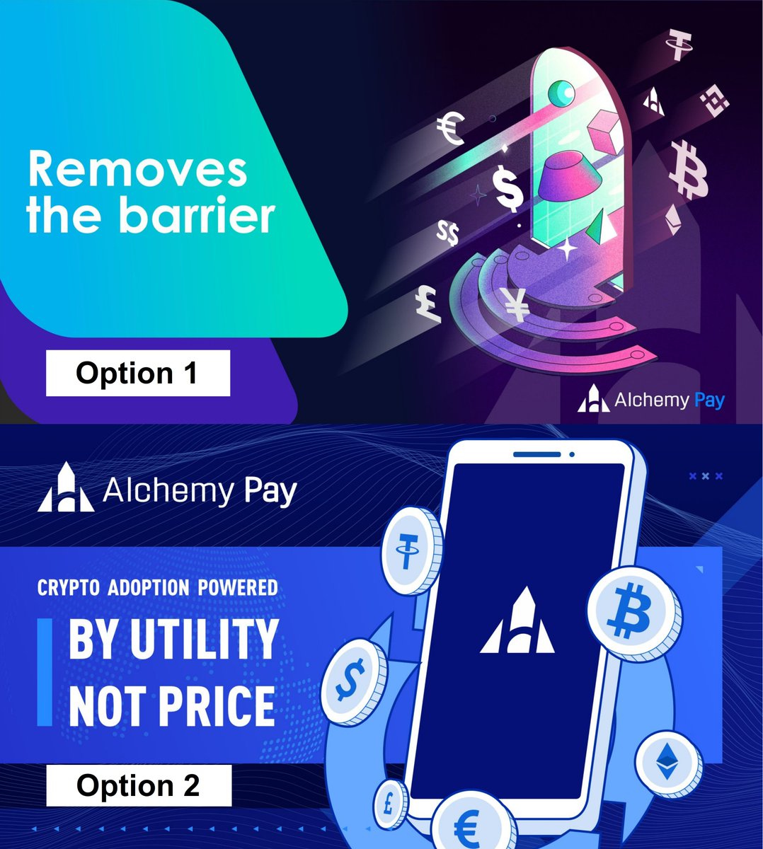 AlchemyPay's tweet photo. 🥰 We value your opinions!

👉 Check out our last two posts' designs
👉 Choose between option 1 and option 2
👉 Follow us and RT your choice with 1⃣ or 2⃣ 

🏆 5 lucky winners to win 1000 $ACH each! 
(Selected by Twitter Picker @TWPicker) https://t.co/x8Wm7tqciU