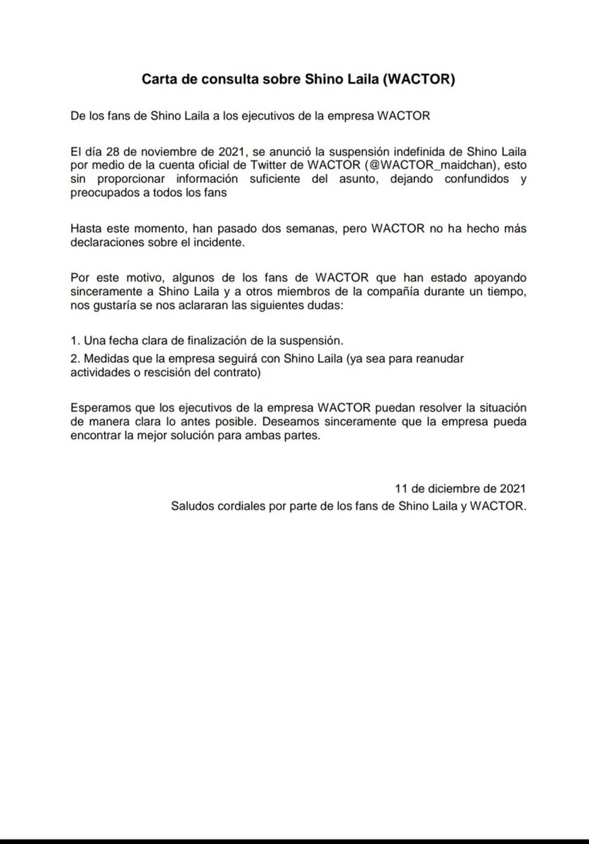 RuizEddi's tweet photo. Hello, this is a small letter written by fans, I hope you can read it
And i hope not to cause inconvenience, it is only to express the concern of the fans about this situation
Saludos 💜
@WACTOR_maidchan 
@ShinoLaila 
#ShinoLaila 
#シノライラ https://t.co/BG6DWNAzg9