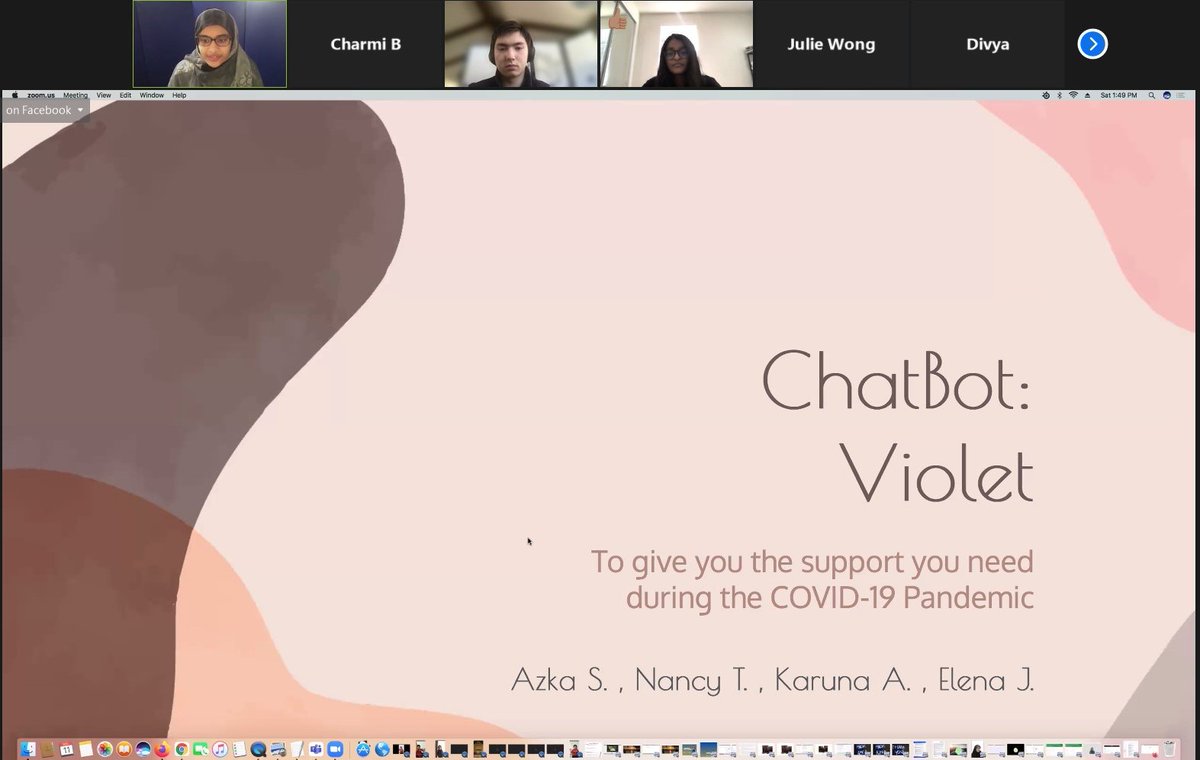 ttsf_charmi's tweet photo. Akza Siddiqui presents her tech solution to combat mental health issues: Chatbot Violet - a winning pitch from the Civic Hackathon @teentechsf's Global Youth Summit. This chatbot allows you to vent your emotions to a bot and provides you with helpful resources! 
#youth #tech https://t.co/AJaxipCha1