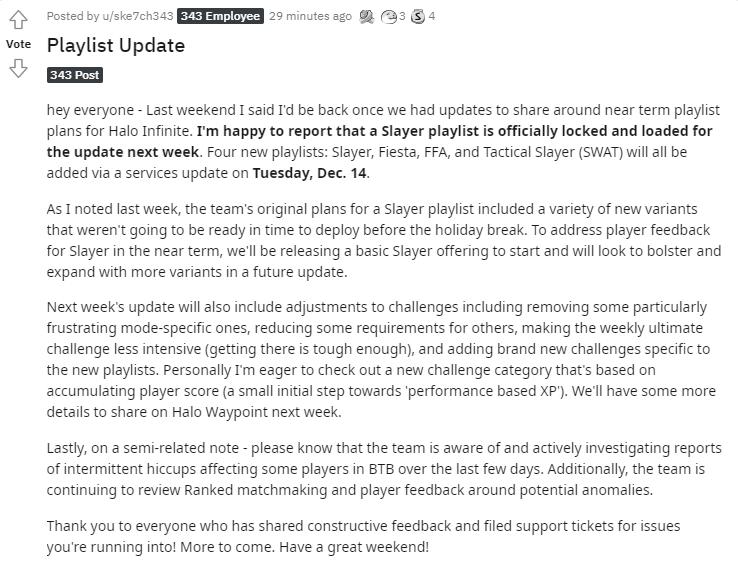 HaloHubGG's tweet photo. MAJOR NEWS!
Slayer, Fiesta, FFA and SWAT will be added to #Halo #HaloInfinite on Tuesday, December 14th! Here is the full post from @ske7ch on Reddit! RT &amp; SHARE! https://t.co/NRhpeYJa2q