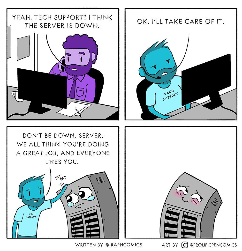 While anticipating the launch of the PremierDev Tech Hub, visit our website here: premierdev.org

Oh, and when the server is down, Tech Support always knows what to do.
#premierdev
#softwaresolutions

Photo Credits to Raph Comics.