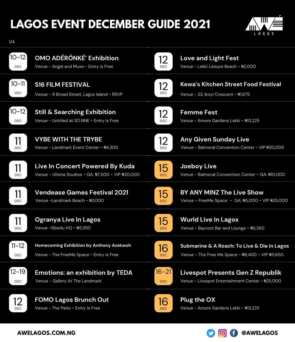 AweLagos's tweet photo. Here's our Updated Lagos Event Guide for December 2021 ✨

🔗Ticket Links &amp; more details: https://t.co/Ob0uX916OW

#DettyDecember #decemberinlagos #AweLagos #lagosnigeria https://t.co/8Nudkuru0T
