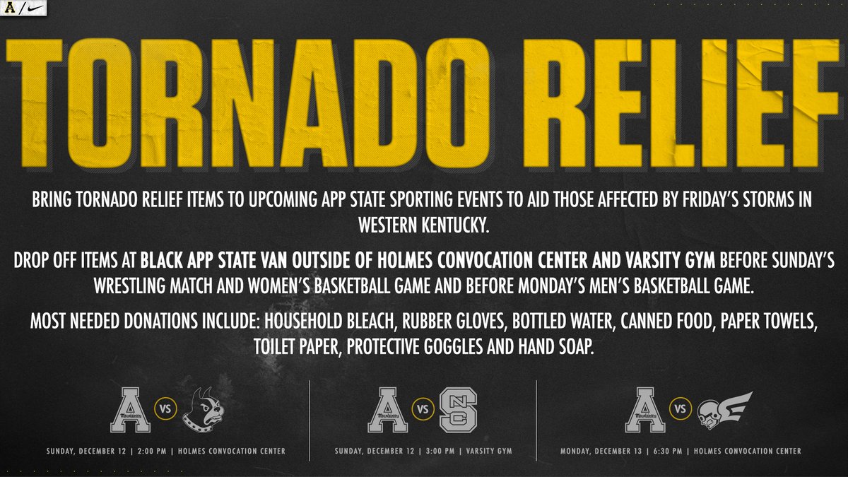 appstatesports's tweet image. #AppFamily, let's show our friends in Western Kentucky some love in their time of need. Please bring items to @AppWrestling and @AppStateWBB tomorrow, and @AppStateMBB Monday.

DETAILS: bit.ly/3pSe0xX
