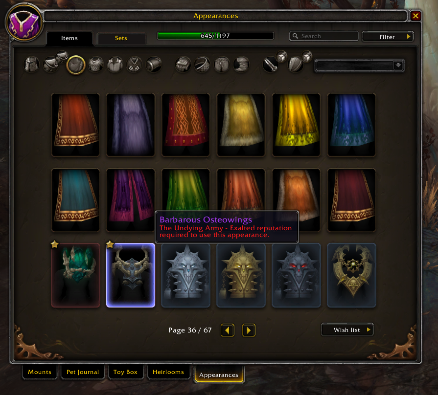 Is it intended that some of the transmog cloaks still require reputation to be transmogified?  It would be cool if I could also transmogify this on twinks without a exalted reputation. <a href="/WarcraftDevs/">WarcraftDevs</a>