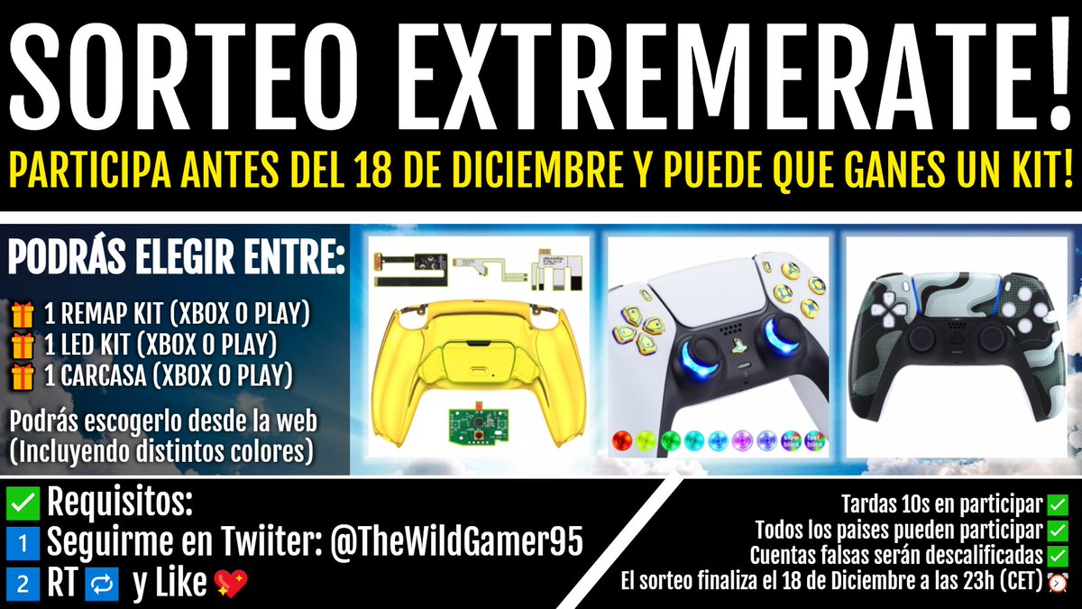 TheWildGamer95's tweet photo. 🎄🎊¡NUEVO SORTEO EXTREMERATE!🎊🎄⛄

🎁EL GANADOR PODRÁ ELEGIR EL PREMIO ENTRE:
✨1 Remap Kit 
✨1 Led Kit 
✨1 Carcasa 
(Podrá elegir el color/ diseño que quiera desde la web)

✅Requisitos:
1️⃣️Seguirme en Twitter: @TheWildGamer95
2️⃣RT🔁 y Like💖

Finaliza el 18 de Diciembre⏰ https://t.co/O7MjSzz2V8