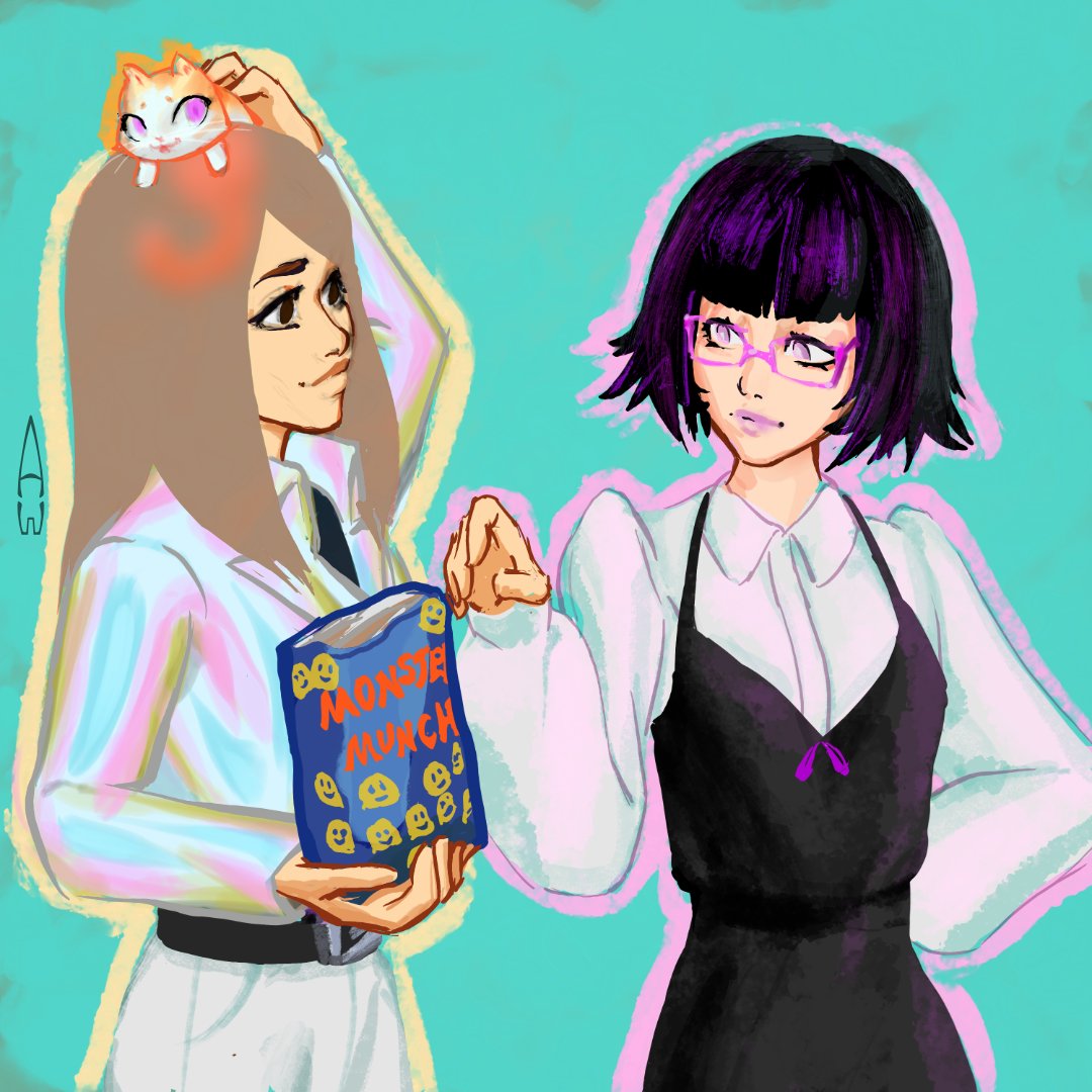 AntekWnorowski's tweet photo. I really felt like taking part in #DrawLisainyourstyle challenge. So here is my drawing ^^ Mirabelle (on the left, my OC) and Lisa (@kuvshinov_ilya 's OC). The kitten is called Potato (also drawn by Ilya).
And who doesn't like the ghost chips :3
#art #drawing #digitalpainting https://t.co/kKvkHYCLij
