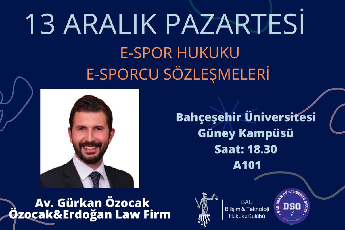Herkese merhaba!
Uluslararası turnuvalarıyla, federasyonuyla, profesyonel oyuncularıyla milyarlarca dolarlık bir endüstrinin önemli bir parçası olan “E-Spor Hukuku Alanında Avukatlık” etkinliğini Av. Gürkan Özocak'ın katılımıyla gerçekleştireceğiz. Herkesi bekliyoruz.