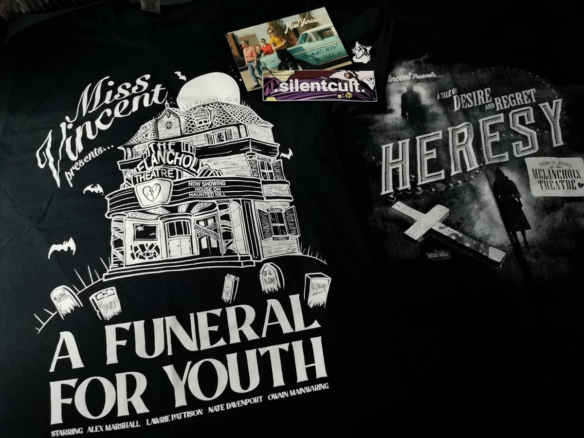 TheFearlessAlex's tweet image. you know it's a good day when you get @missvincentband merch in the post! the a funeral for youth tee is quickly becoming my favourite shirt, im obsessed 😍