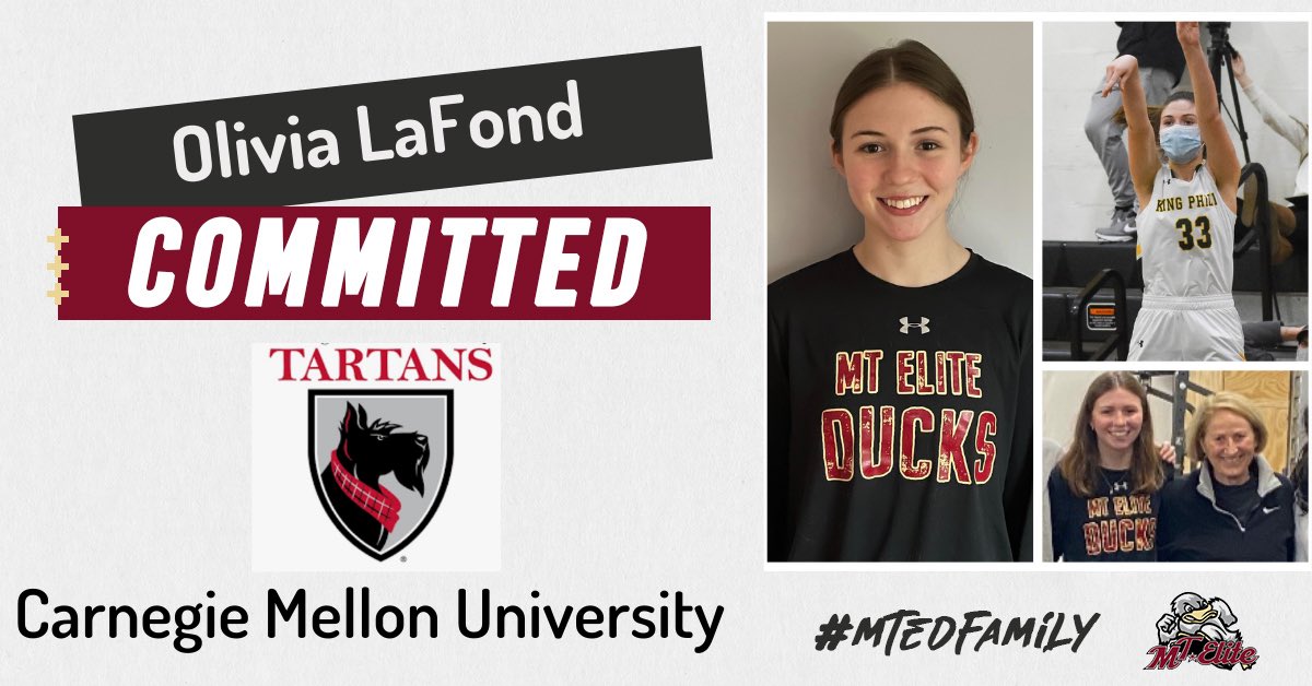 Congratulations MTE Ducks Platinum Under Armour Rise phenom Olivia LaFond (King Philip) on committing to Carnegie Mellon University! Liv is a natural leader, a lockdown defender, a tireless rebounder &amp; a reliable scorer! #MTEDFamily #UnsungHero #14SeasonDuck #EarnedIt #GoTartans