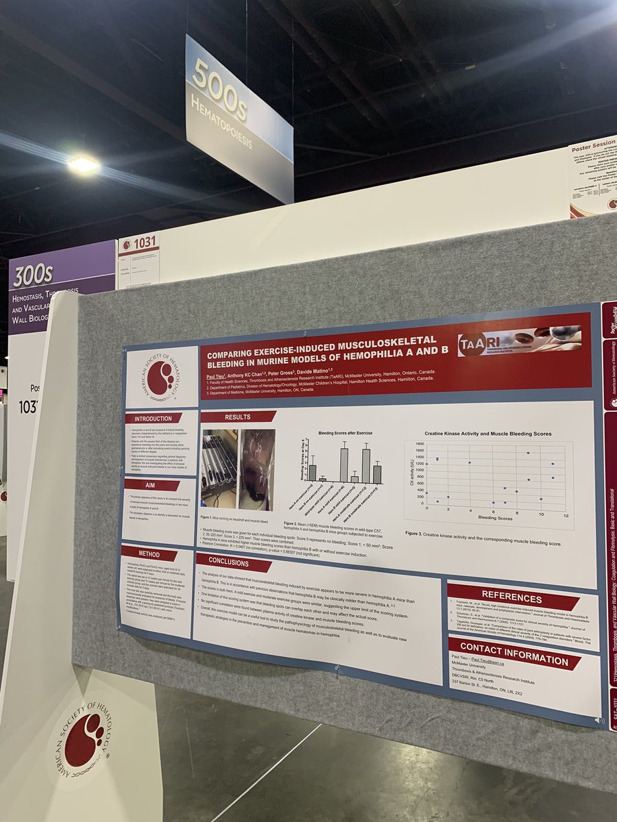 paultieu97's tweet photo. Representing @Noclots @McMasterU Developmental Hemostasis Lab and @TaARI_Canada at #ASH2021. Presenting an exercise-induced musculoskeletal bleeding mice model. This allows us to study strategies and improve QoL for people with hemophilia! https://t.co/Y7AdCVqlQj