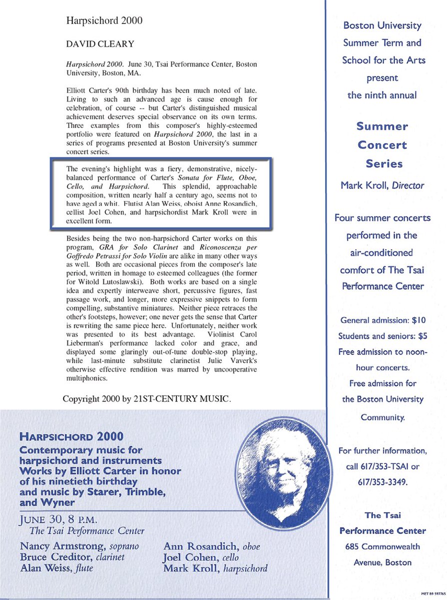 oboeabode's tweet image. In memory of Elliot Carter’s birthday 12/11/8. Concert review of the “Sonata for #Flute @alanweissflute, #Oboe Ann Rosandich, Cello, and Harpsichord” (1952)
#contemporarycomposition #elliotcarter #review   #chambermusic #tsaicenter #birthday #oboeabode
