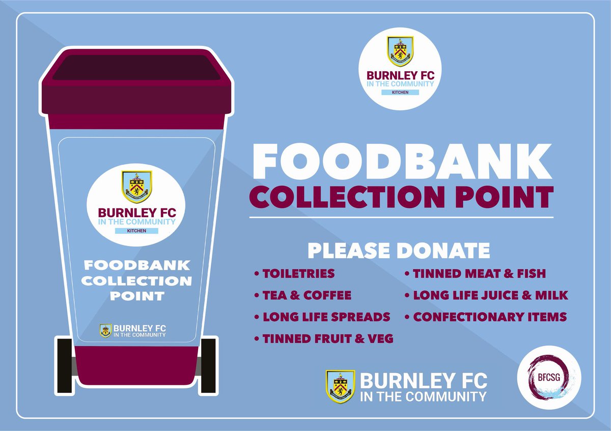 claretcrumpet's tweet photo. If ur able to, please consider dropping 1 or 2 items into 1 of the 4 collection bin points, before #twitterclarets game v @WestHam 

The collections will be open from 12:30pm🥫🗑

BRING SOMETHIN’ FOR THE BIN

#HungerDoesntWearClubColours 
Please RT if possible. Thanks 💜💙 https://t.co/3RpnTLzQAc