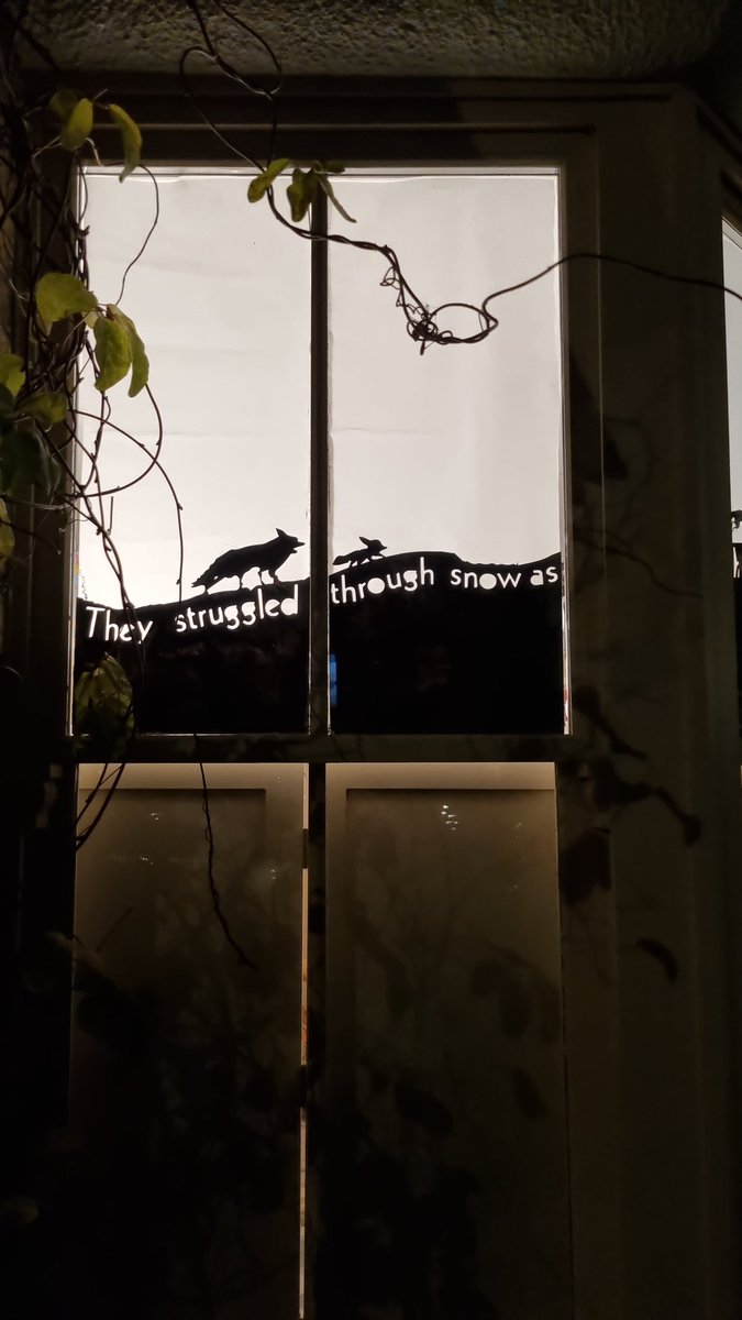 DanHeathStudio's tweet photo. I hope you don't mind @_jimfield but our 4 year old loves A Way Home For Wolf, so we cut our display for #Lloydparkadvent in Walthamstow, based on your illustrations. We love your work and the window has been enjoyed by kids walking to the school at the end of the road. https://t.co/Kcv72Ad4vK
