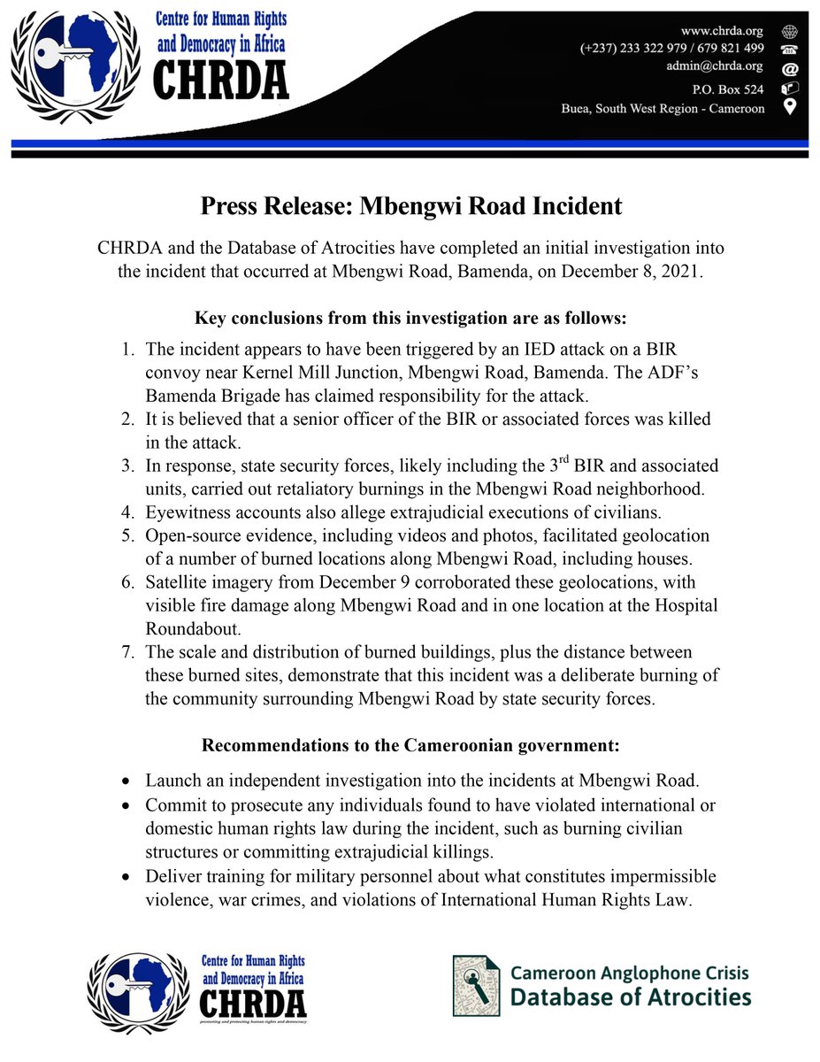 Dear all, #CHRDA and <a href="/CameroonDoA/">Cameroon Anglophone Crisis Database of Atrocities</a>  have released a joint press statement and details of our findings on the burning of homes at Mbengwi road, Bamenda, on December 8, 2021. You can read the highlights below. #EndAnglophoneCrisis