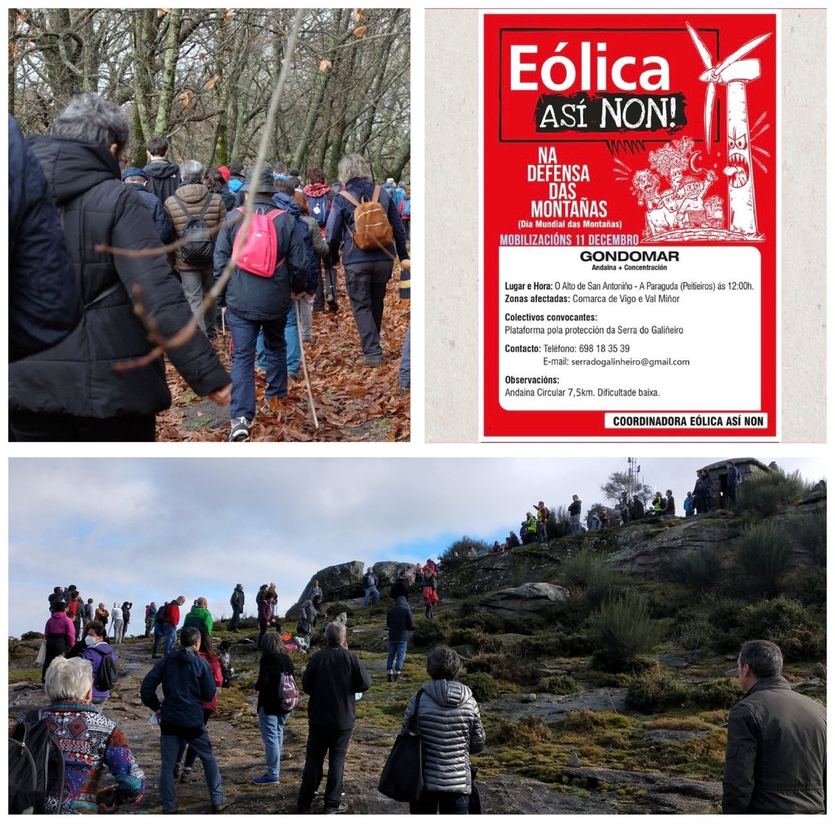 PodemosBaiona's tweet photo. 🌳⛰ Resposta social no Val Miñor no #DíaInternacionaldelasMontañas na concentración en Gondomar fronte a "invasión" dos aeroxeradores que ameaza a nosa contorna e as nosas montañas. #EólicaAsíNon #SosGroba https://t.co/AC8ERqMCaM