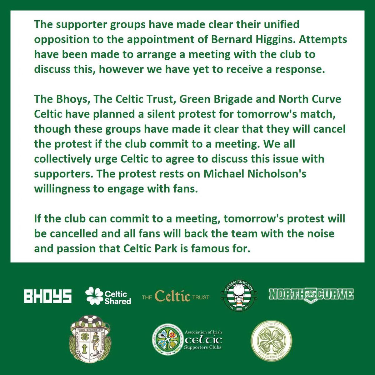 A strong statement from all the main fan organisations at <a href="/CelticFC/">Celtic Football Club</a>. These groups have repeatedly contacted the club to request a meeting and been ignored or refused. Tomorrow’s protest could be cancelled with a single phone call - why won’t Michael Nicholson meet with fans? 🚫👨🏻‍🦲