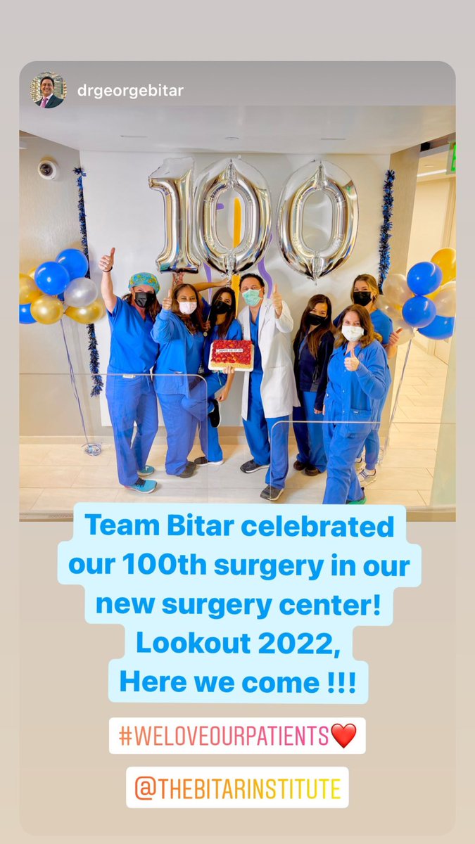 We celebrated our 100th case at our new surgery center! I would like to thank my patients and staff for making this milestone a reality! Special thanks goes to our executive director, and my beautiful wife, Dr. Rima Bitar, for her  hard work to make this surgery center a reality
