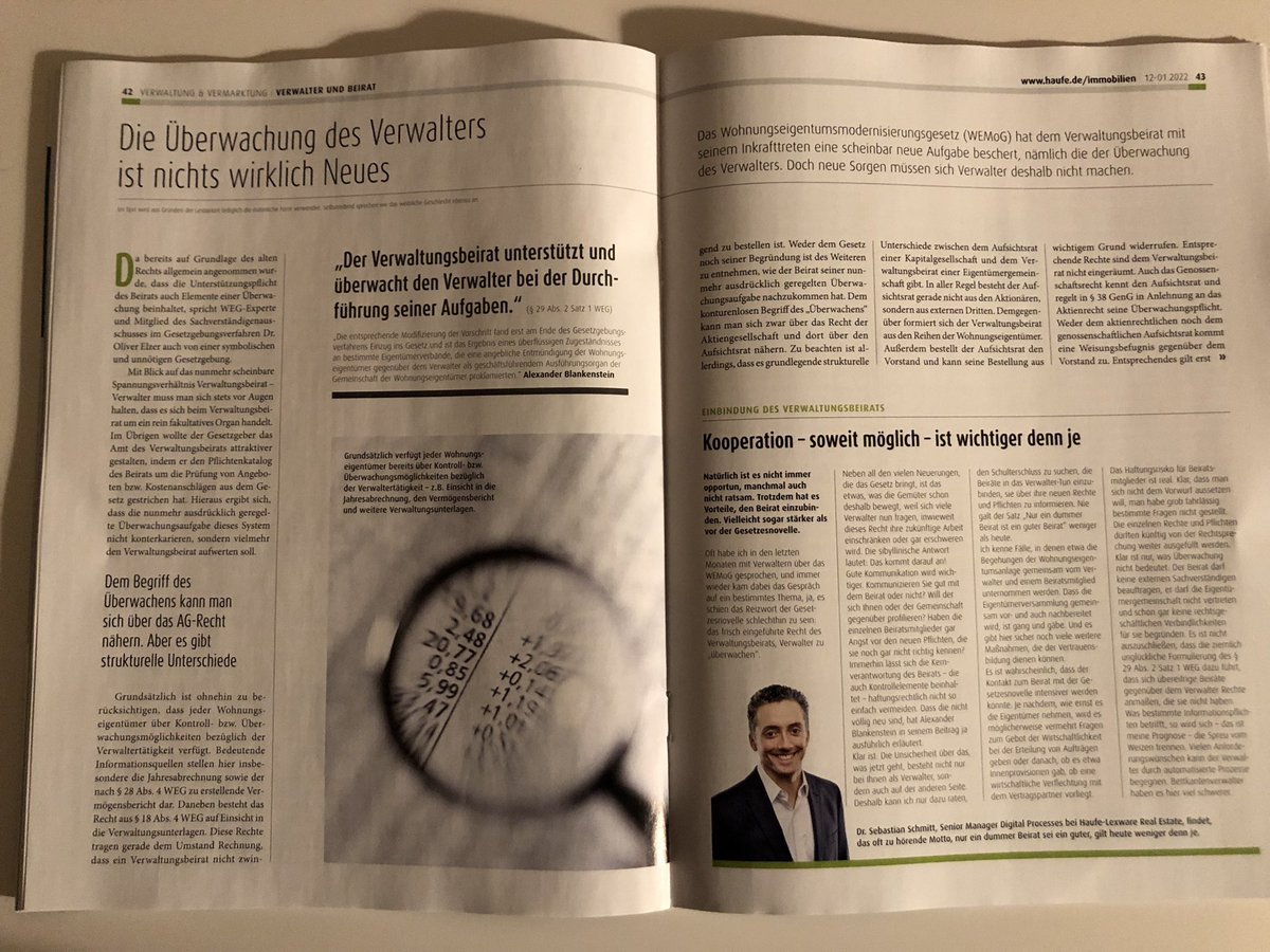In der aktuellen Ausgabe der <a href="/haufe/">Haufe</a> -Fachzeitschrift #Immobilienwirtschaft darf ich einige Gedanken zur Einbindung des Verwaltungsbeirats formulieren. Danke dafür an @joesei und <a href="/dirklabusch/">Dirk Labusch</a>.

<a href="/haufeimmobilien/">haufeimmobilien</a> @DW_aktuell