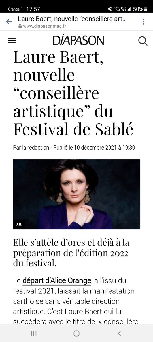 Heureuse d'annoncer ma nomination de conseillère artistique du Festival de Sablé,en parallèle à la direction artistique du Festival International de musique baroque de Froville. Rdv du 24 au 27 août pour une édition passionnante!
Merci  à Diapason:
diapasonmag.fr/a-la-une/laure…